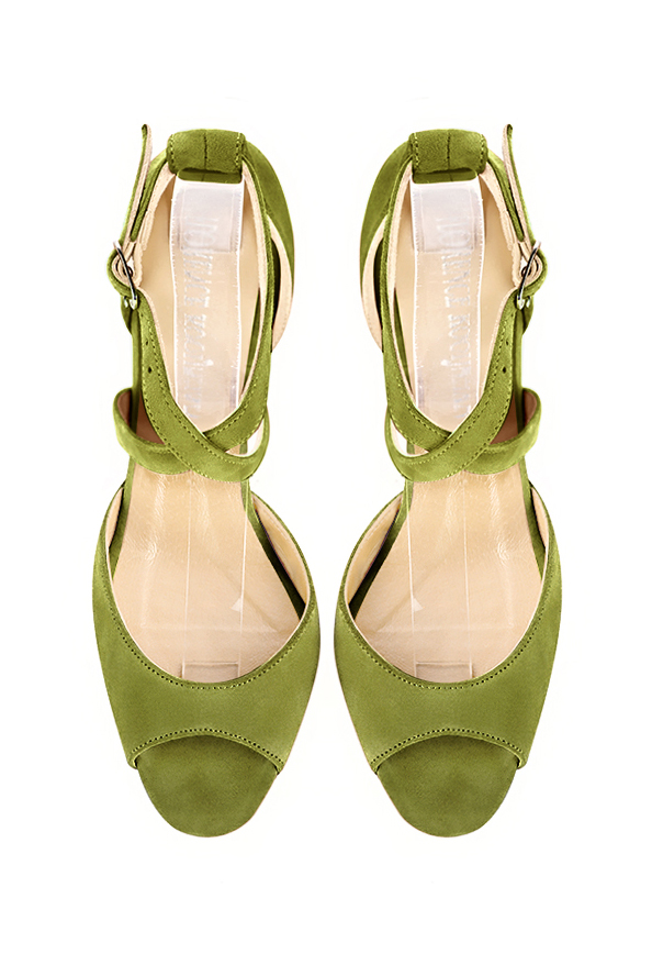 Women's pistachio green elegant sandals closed at the back with crossed straps. Square toe. Medium spool heels - Top view